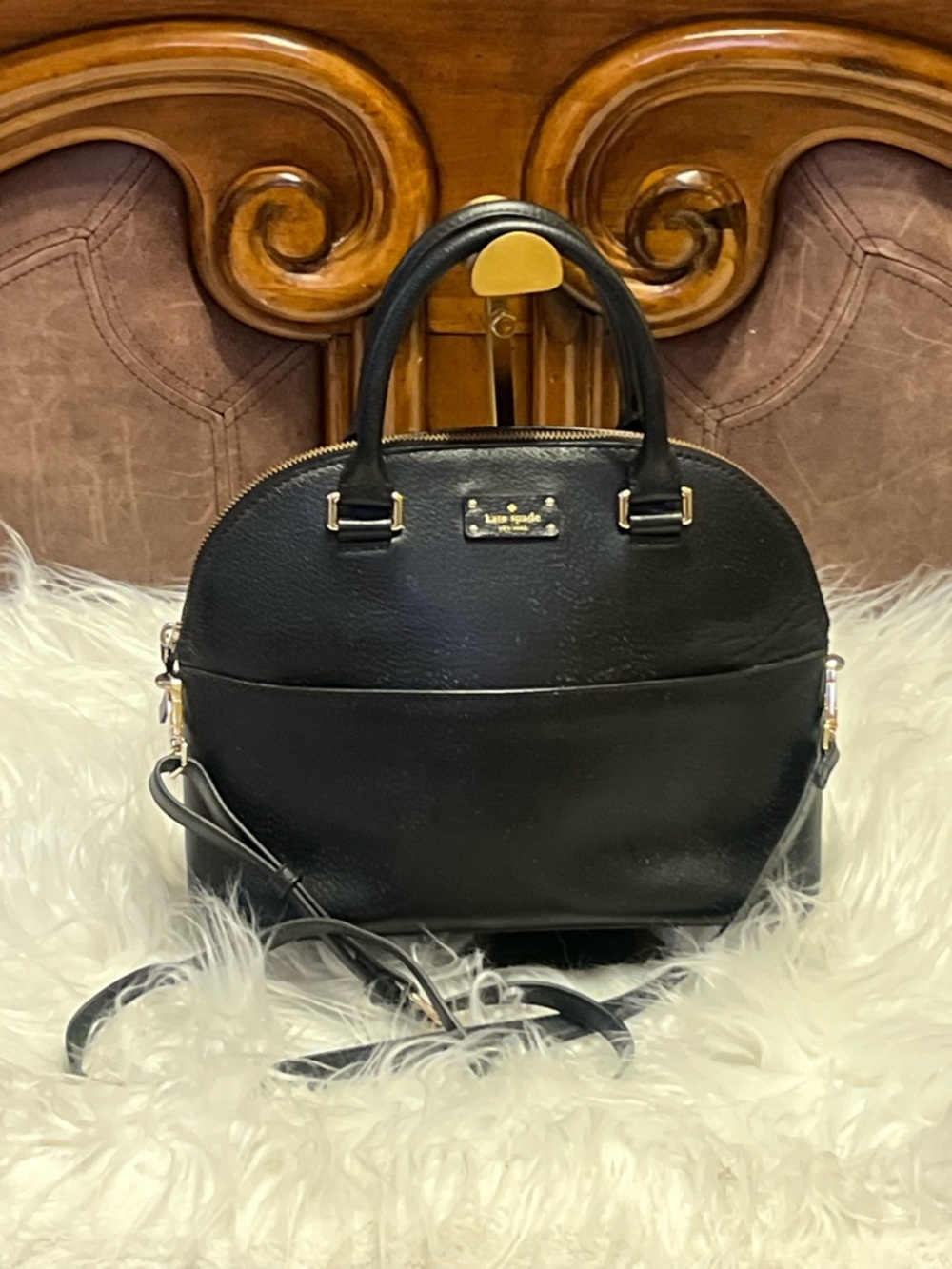 kate spade black leather dome satchel with gold hardware